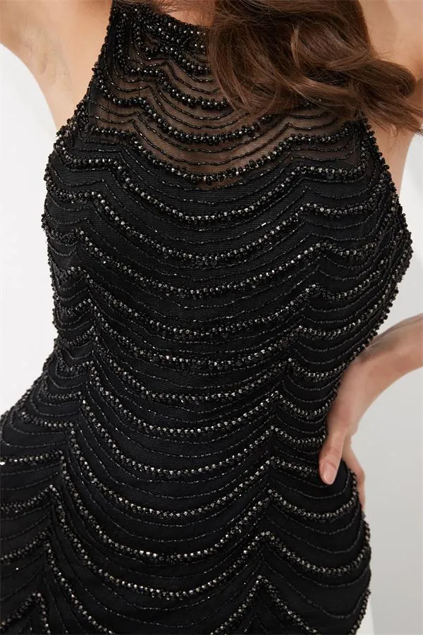 Black Sparkly Round Neck Mermaid High Quality  Long Prom Dresses With Beads, Evening Dresses LMX1135