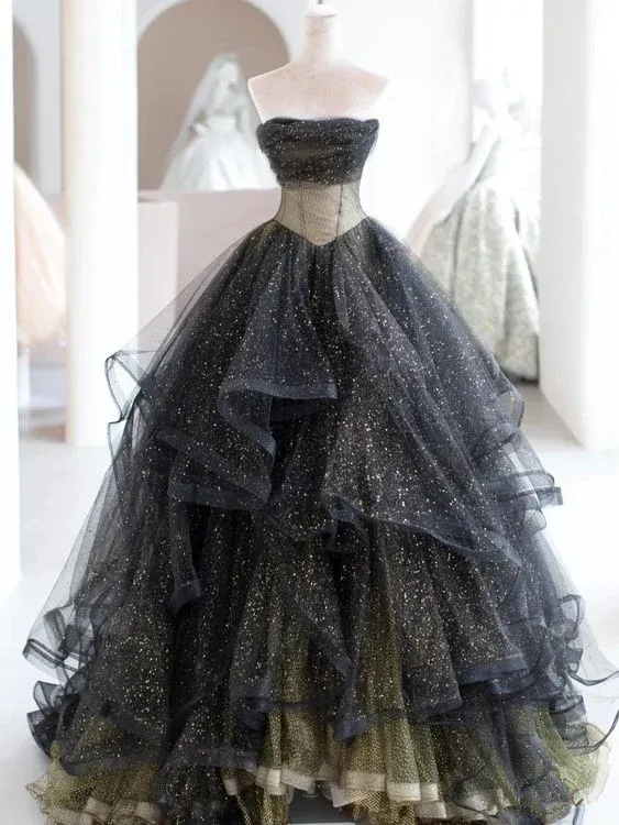 Black Strapless Tulle Princess Ball Gown Long Prom Dress Quinceanera Dress SH1035