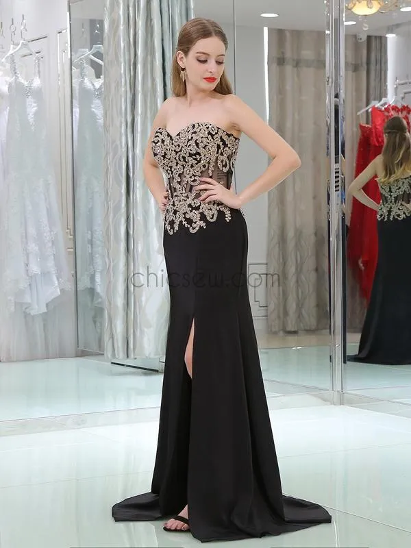 Black Sweetheart Jersey Slit Backless Applique Prom Dress, YKX061