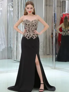 Black Sweetheart Jersey Slit Backless Applique Prom Dress, YKX061