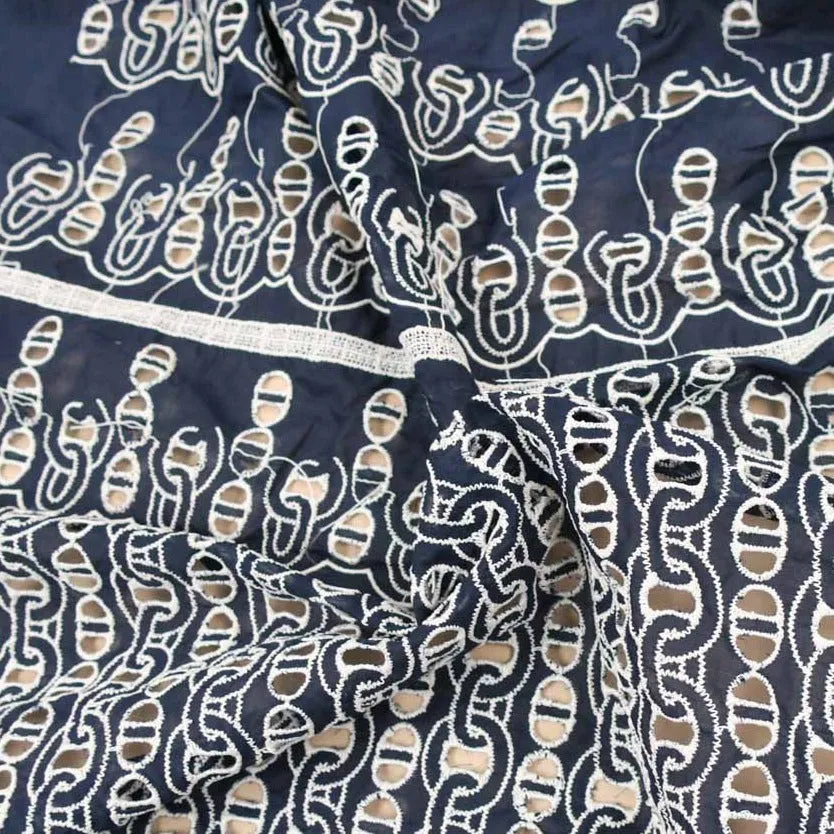 Blue Abstract Cotton Embroidery Fabric