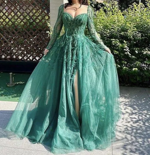 Blue Long Sleeves Slit Prom Dress Long Party Dress Evening Dress SH903