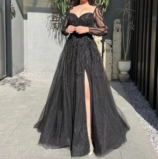 Blue Long Sleeves Slit Prom Dress Long Party Dress Evening Dress SH903