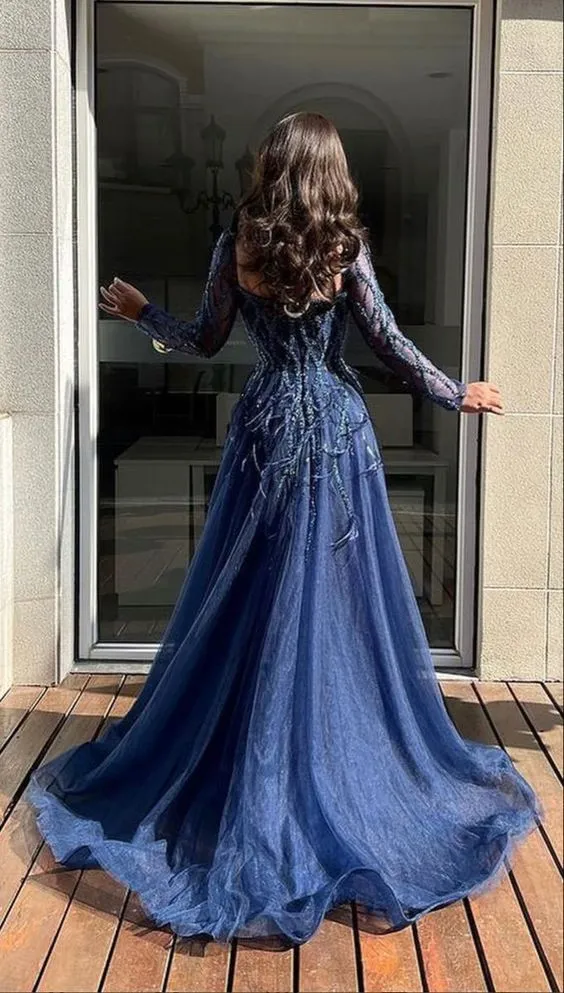 Blue Long Sleeves Slit Prom Dress Long Party Dress Evening Dress SH903