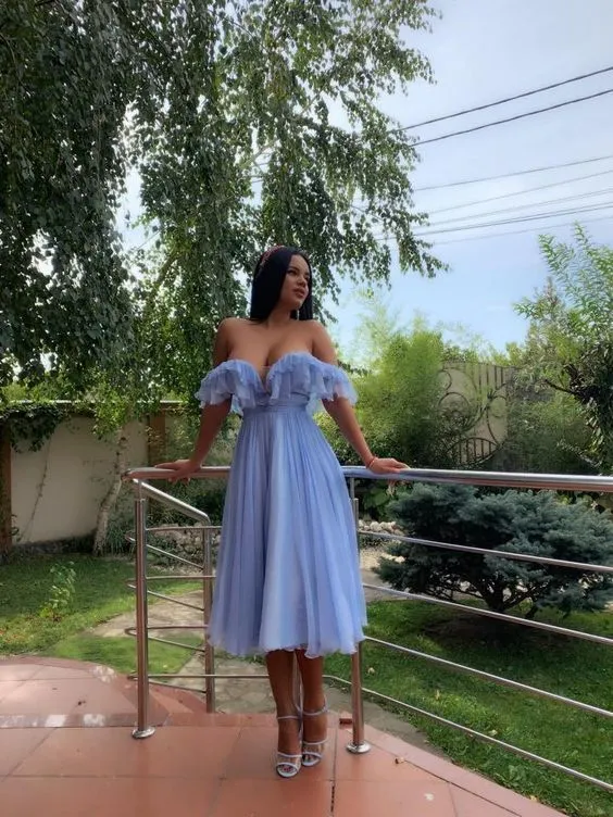 Blue Off The Shoulder Short Prom Dress SH794