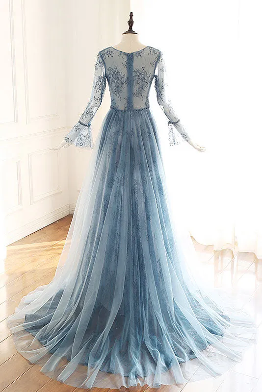 Elegant Blue Tulle Lace Long Sleeve Prom Dress for Bridesmaids