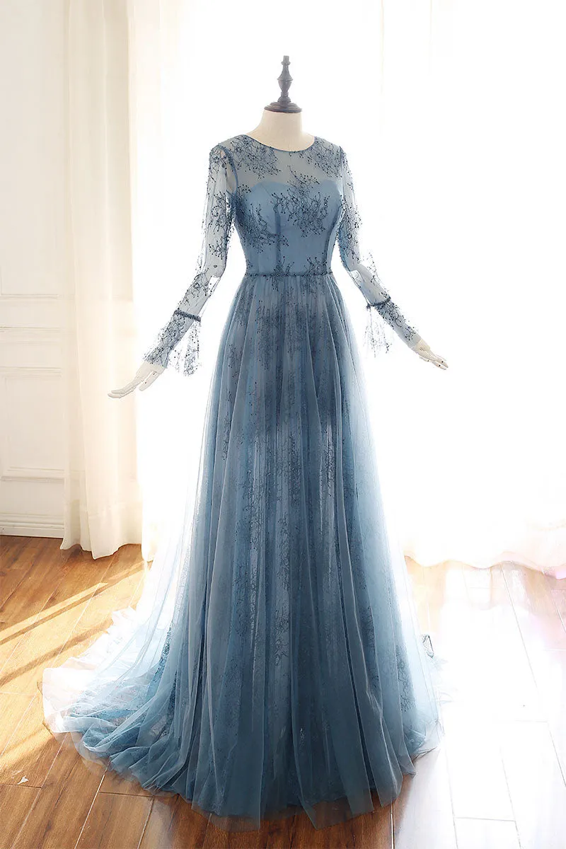 Elegant Blue Tulle Lace Long Sleeve Prom Dress for Bridesmaids