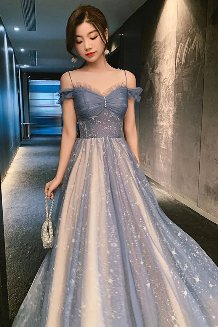 Blue Tulle Long Prom Dress, A-Line Spaghetti Strap Graduation Party Dress SH1229