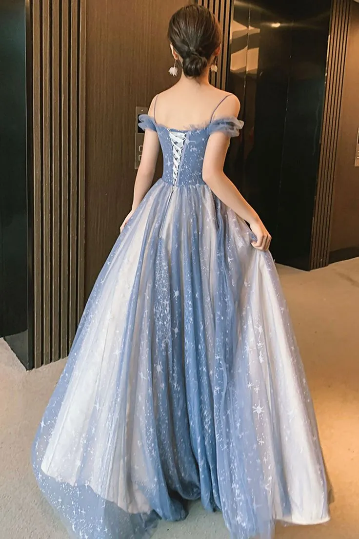 Blue Tulle Long Prom Dress, A-Line Spaghetti Strap Graduation Party Dress SH1229