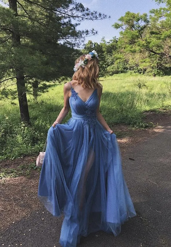 Blue Tulle V Neck Applique Prom Dress Slit Evening Dress SH808