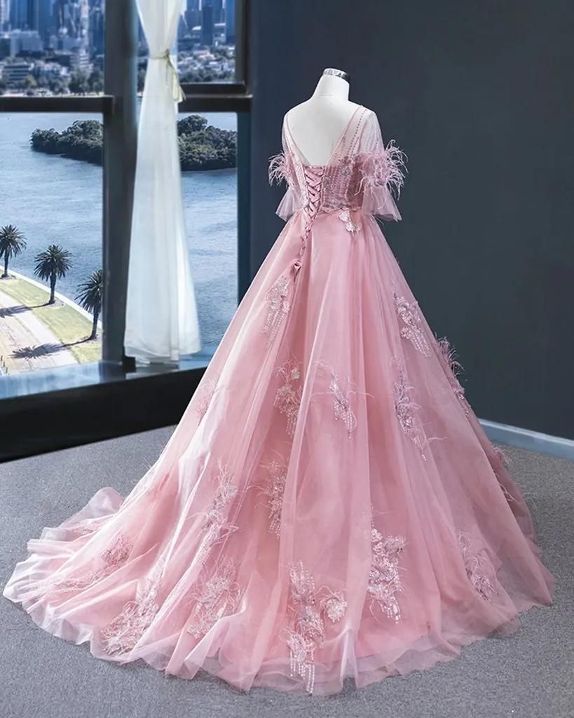 Blush Pink Ball Gown with Sleeves Pink Formal Dress Long,21120902