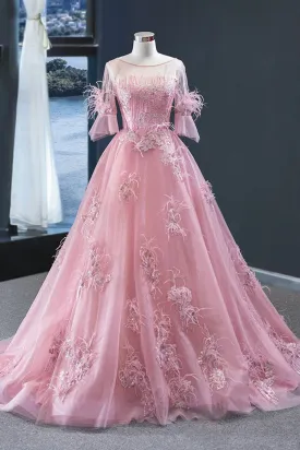 Blush Pink Ball Gown with Sleeves Pink Formal Dress Long,21120902