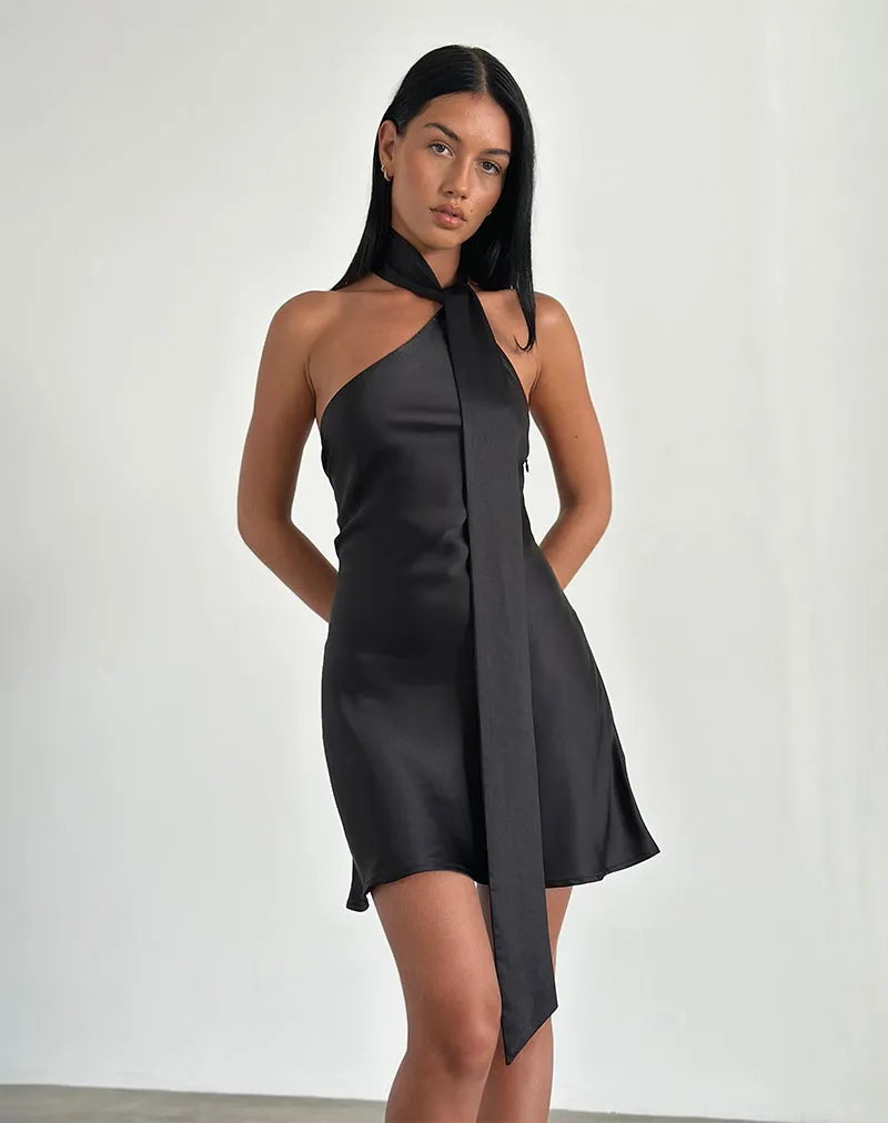 Brigid One Shoulder Satin Dress in Black