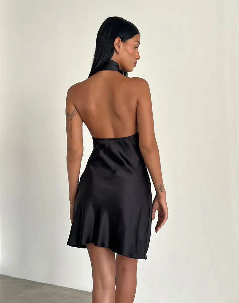 Brigid One Shoulder Satin Dress in Black