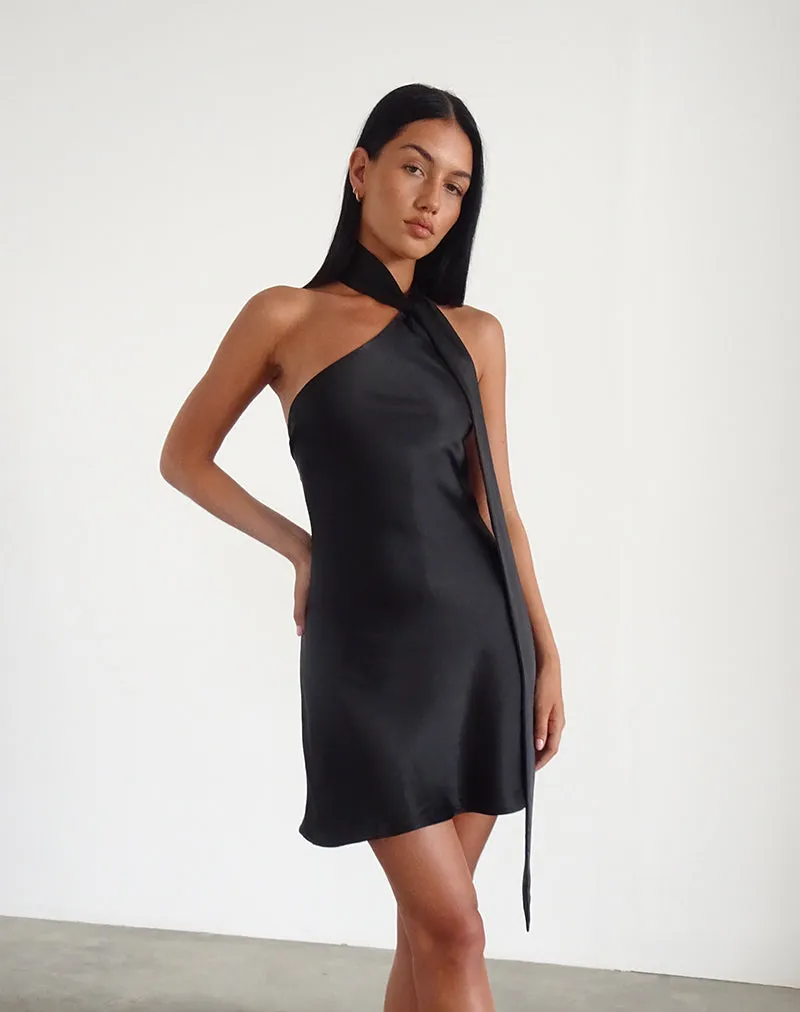 Brigid One Shoulder Satin Dress in Black