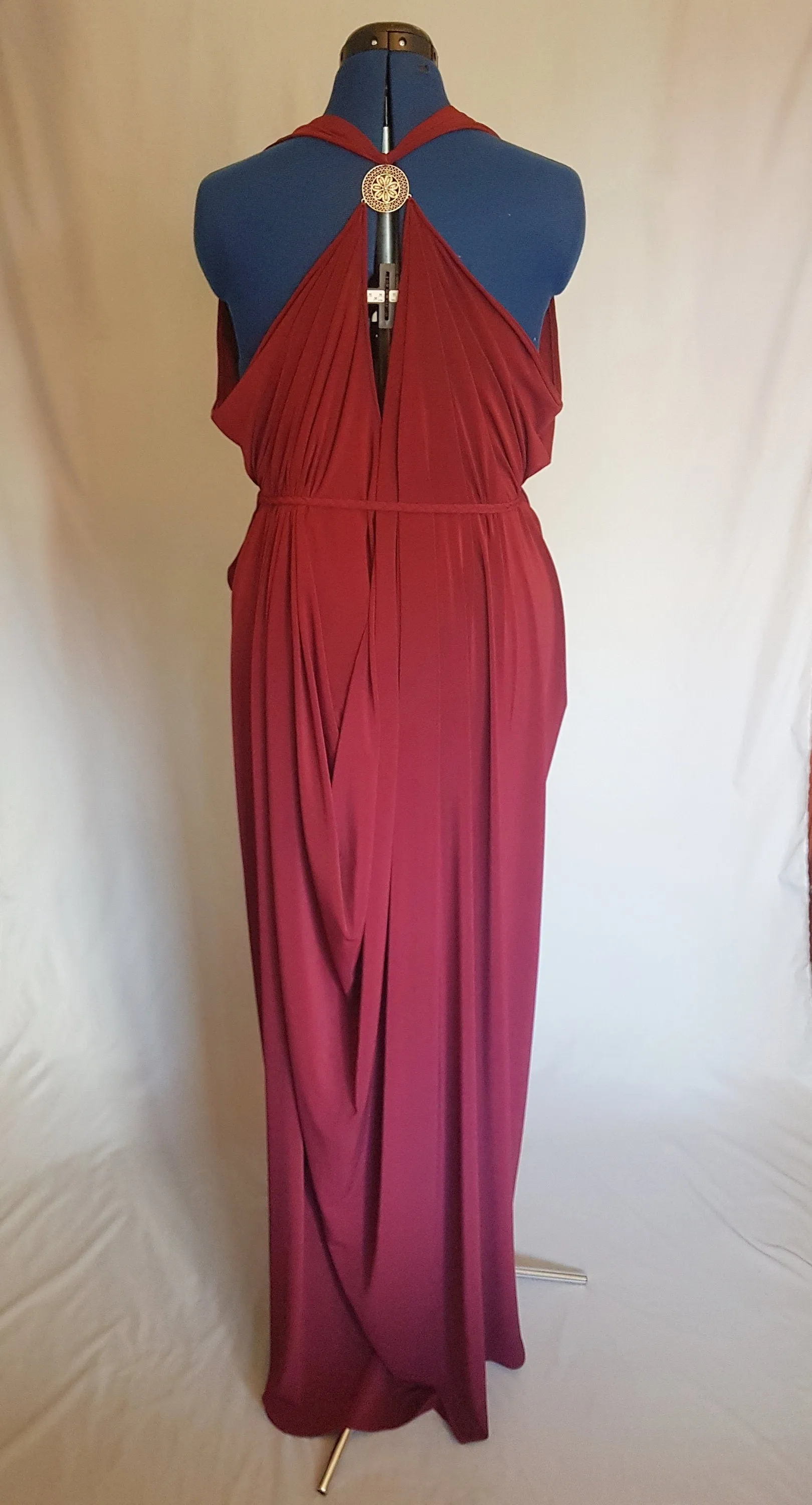 Burgundy Red Backless Grecian Drape Dress