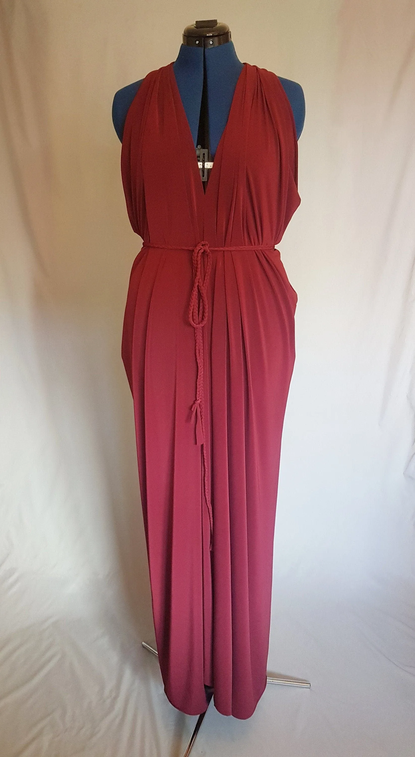 Burgundy Red Backless Grecian Drape Dress