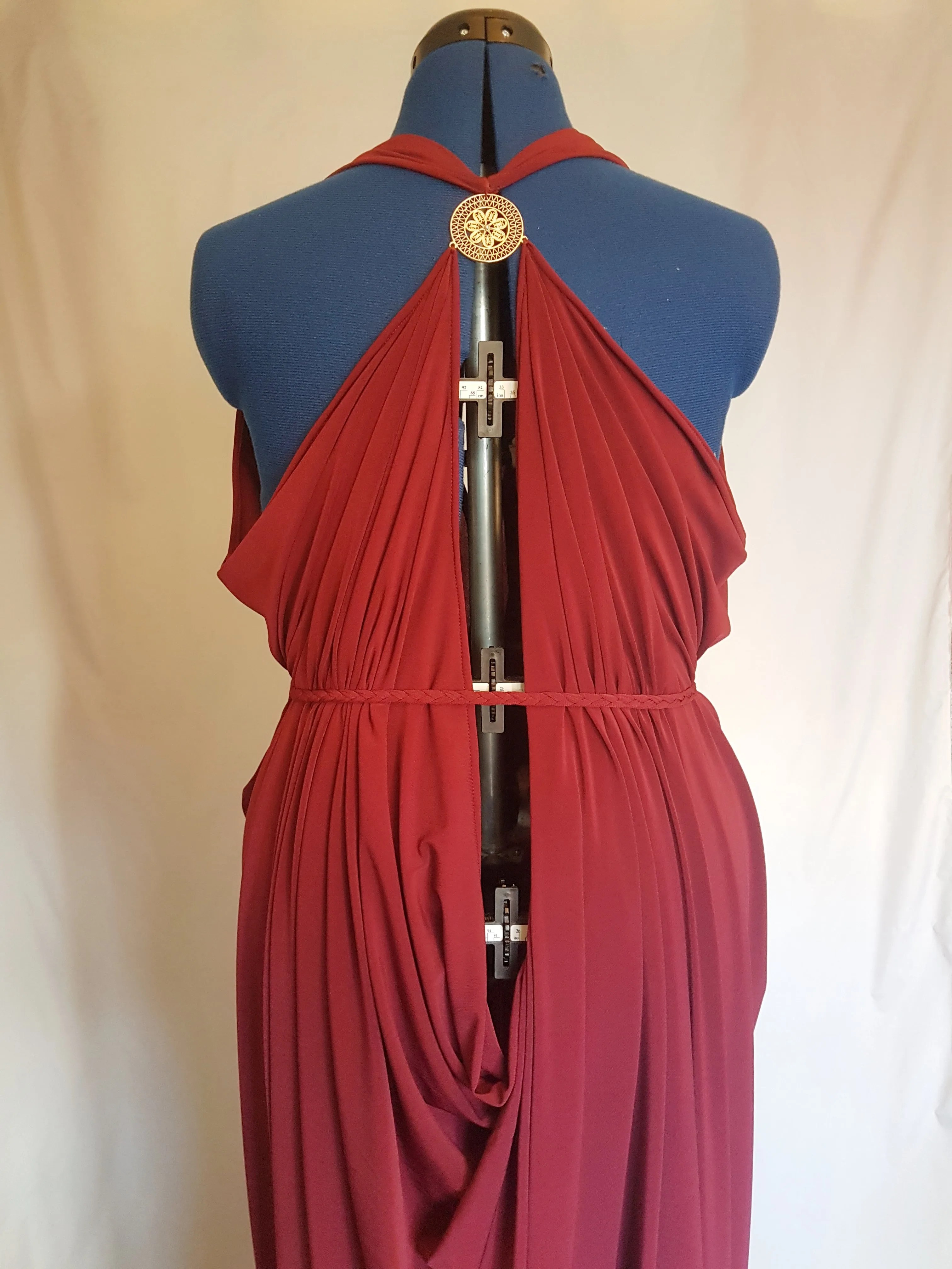 Burgundy Red Backless Grecian Drape Dress