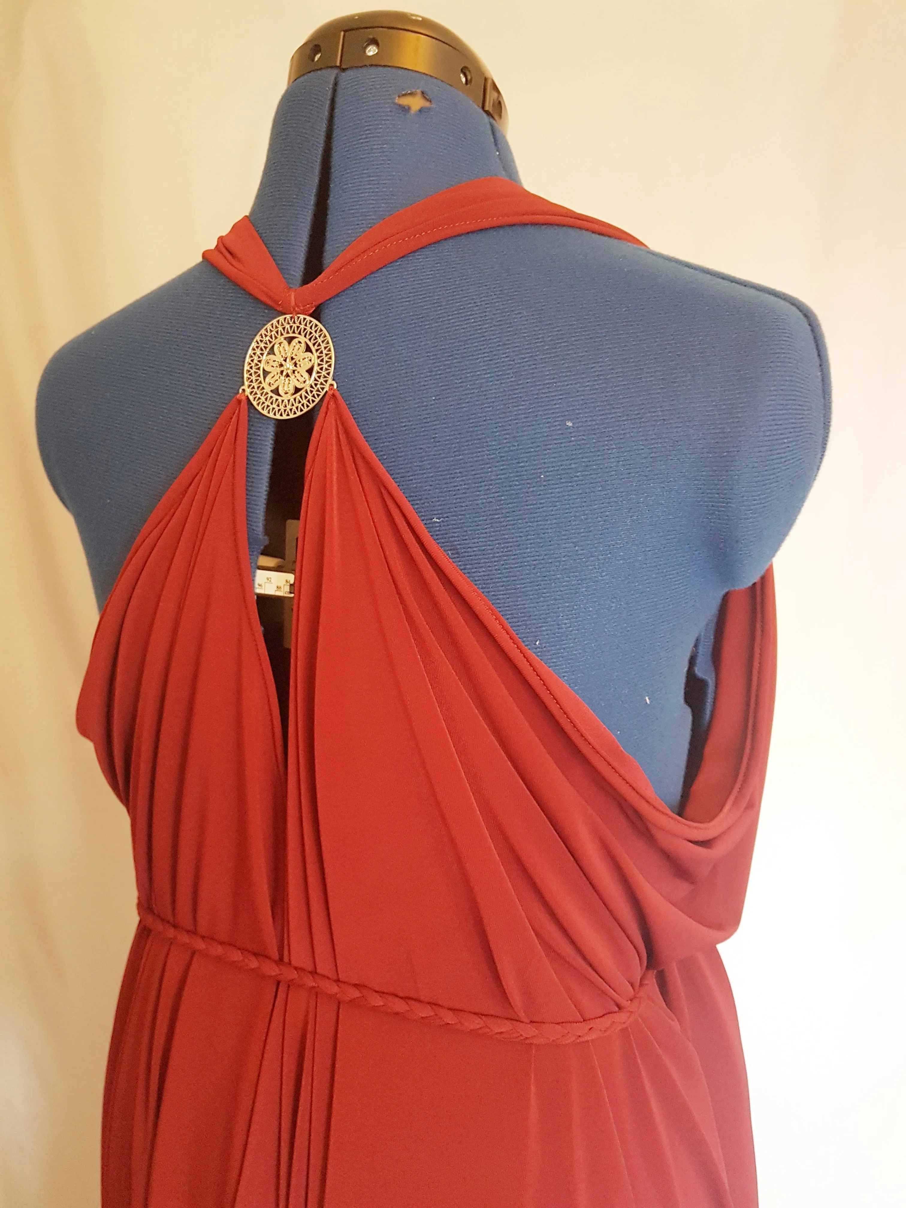 Burgundy Red Backless Grecian Drape Dress