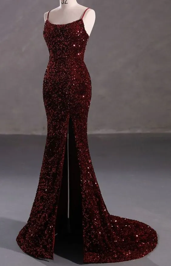 Burgundy Sequin Mermaid Backless Prom Dress Long Evening Dress SH1054