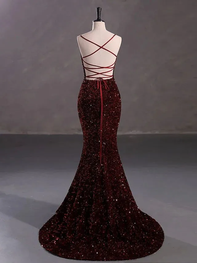 Burgundy Sequin Mermaid Backless Prom Dress Long Evening Dress SH1054