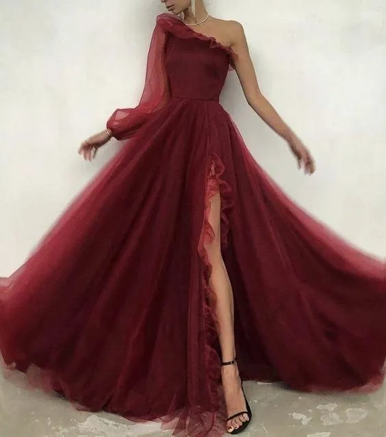 Burgundy tulle prom dress one shoulder evening dress SH279