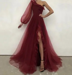 Burgundy tulle prom dress one shoulder evening dress SH279