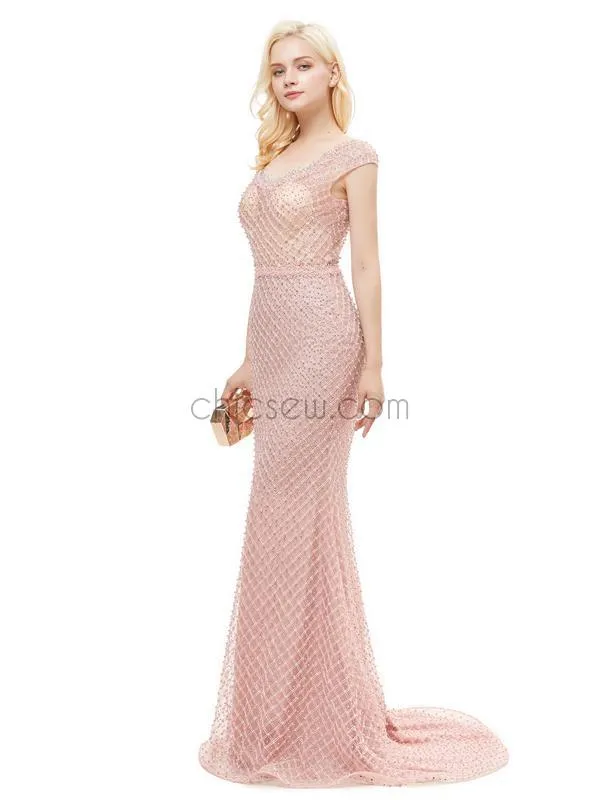 Cap Sleeve Mermaid Beaded Round Neck Prom Dress, YKX056