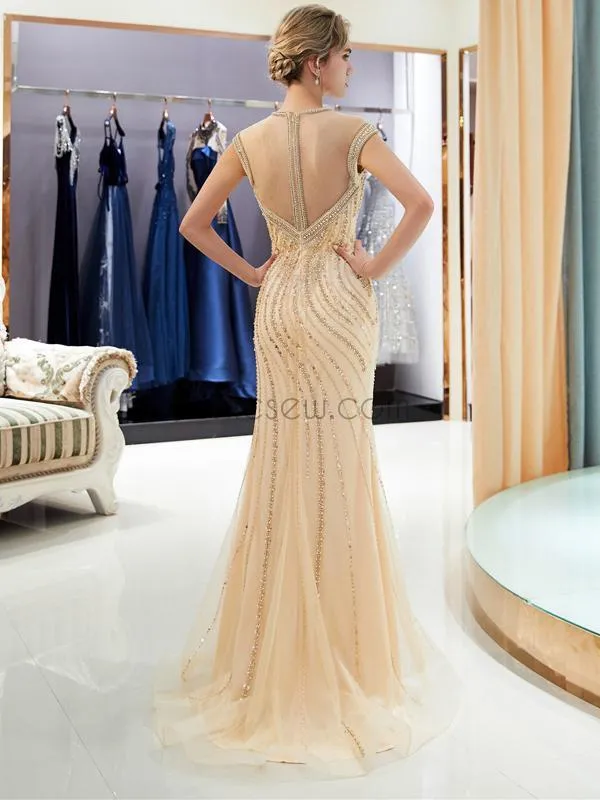 Cap Sleeves Mermaid Beaded Long Prom Dresses SDP1157