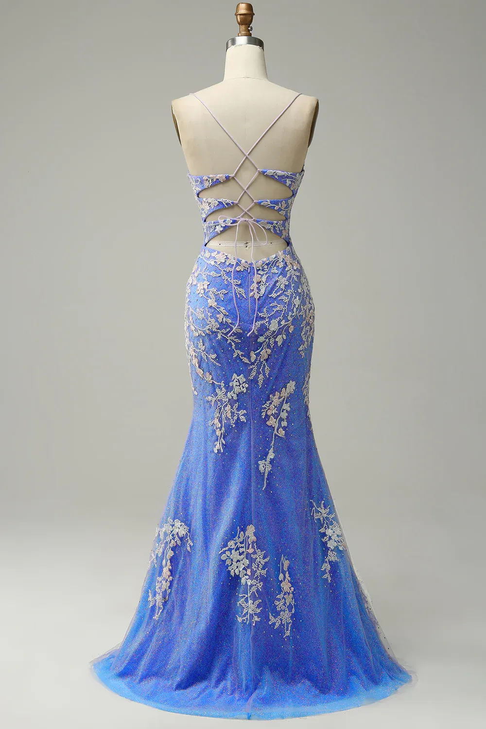 Charming Mermaid V Neck Blue Long Prom Dress With Appliques  SH616