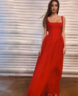 Charming Red Satin Tulle Long Prom Dress SH1375