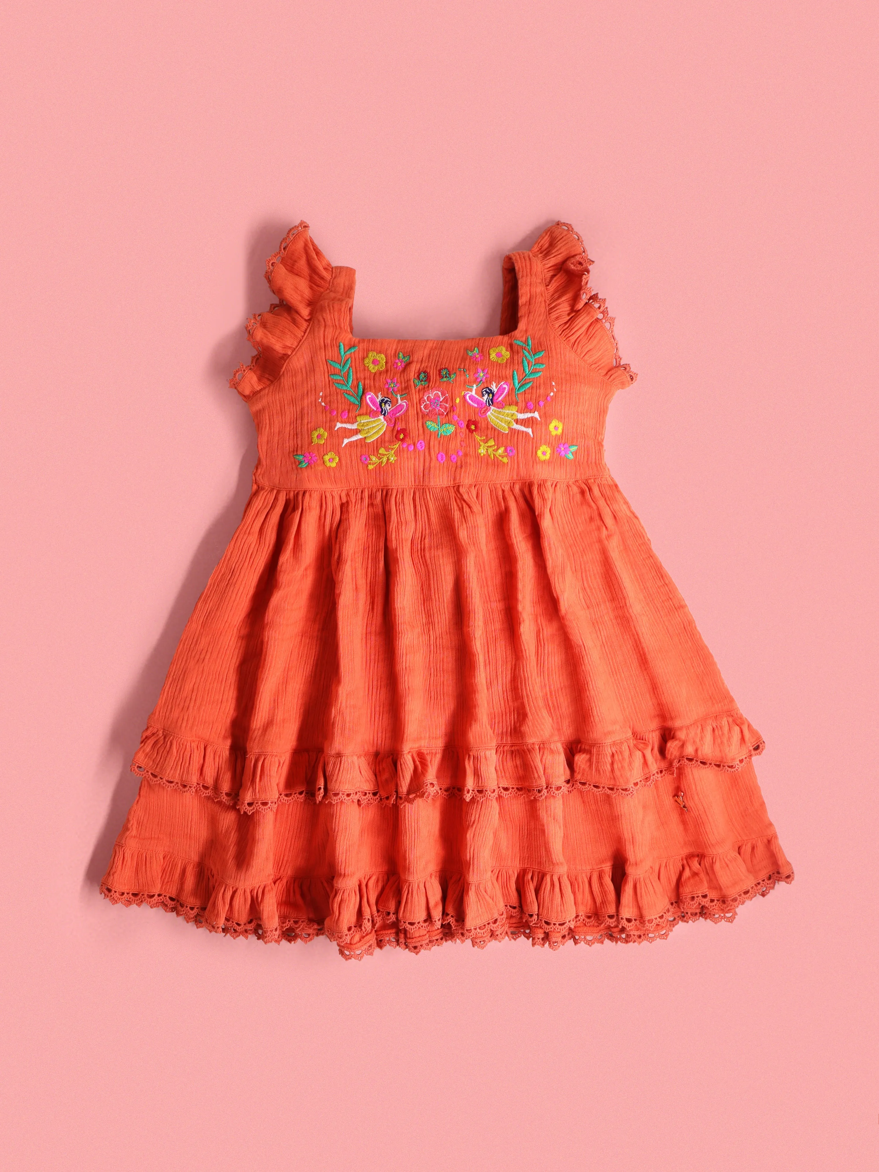 Cherry Crumble Girls Orange Regular Length Sleeveless Embroidered Solid Dress