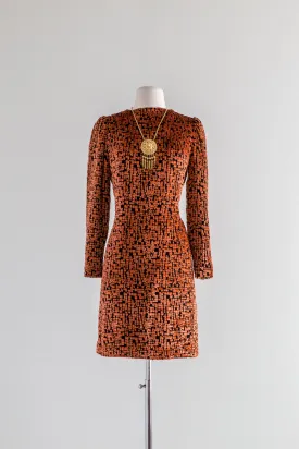 Chic 1970s Silk Velvet Dress In Flaming Orange & Black / Small