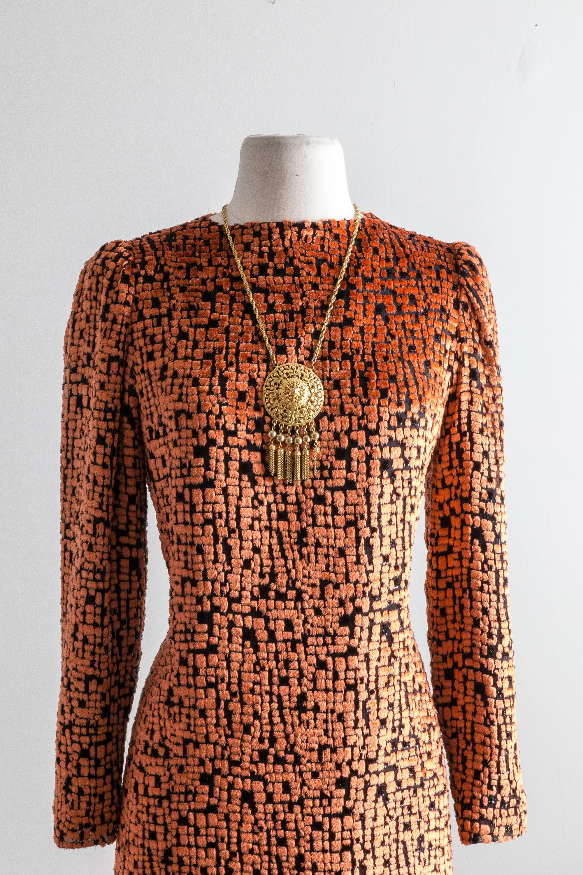 Chic 1970s Silk Velvet Dress In Flaming Orange & Black / Small