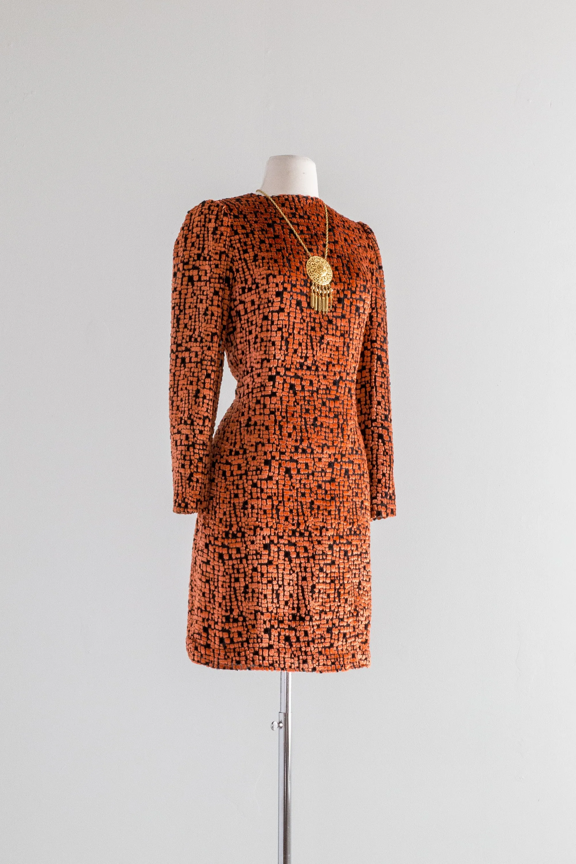 Chic 1970s Silk Velvet Dress In Flaming Orange & Black / Small