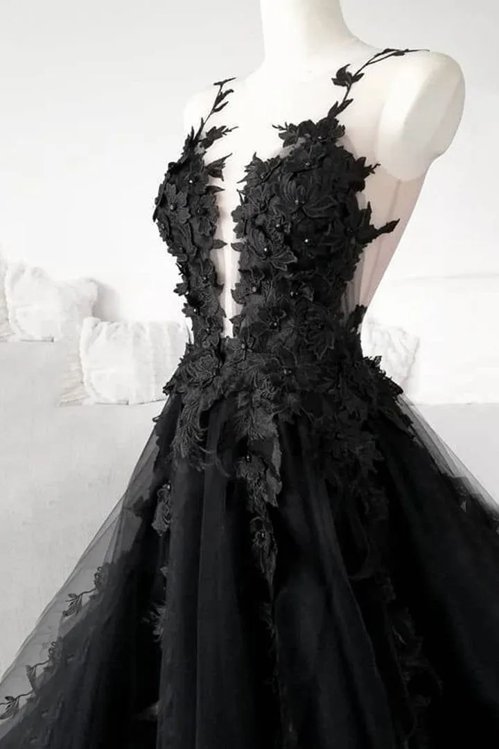 Classic Black Lace Tulle Long Prom Dress Black Evening Dress  SH567