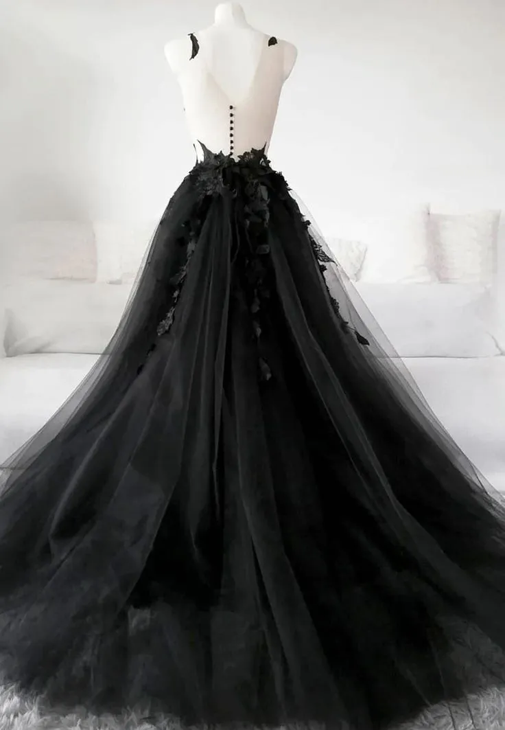 Classic Black Lace Tulle Long Prom Dress Black Evening Dress  SH567