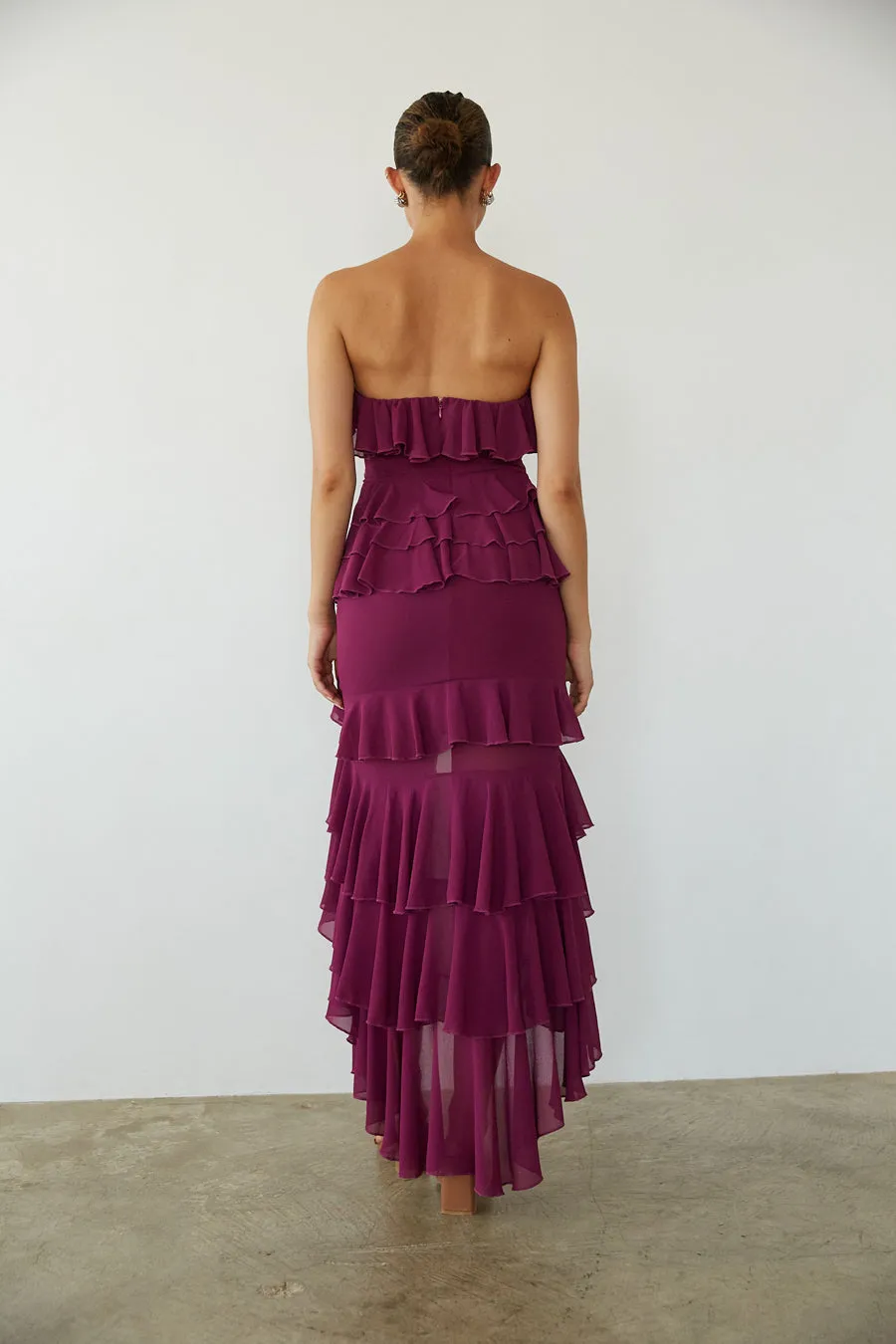 Clementine Strapless High Low Ruffle Maxi Dress