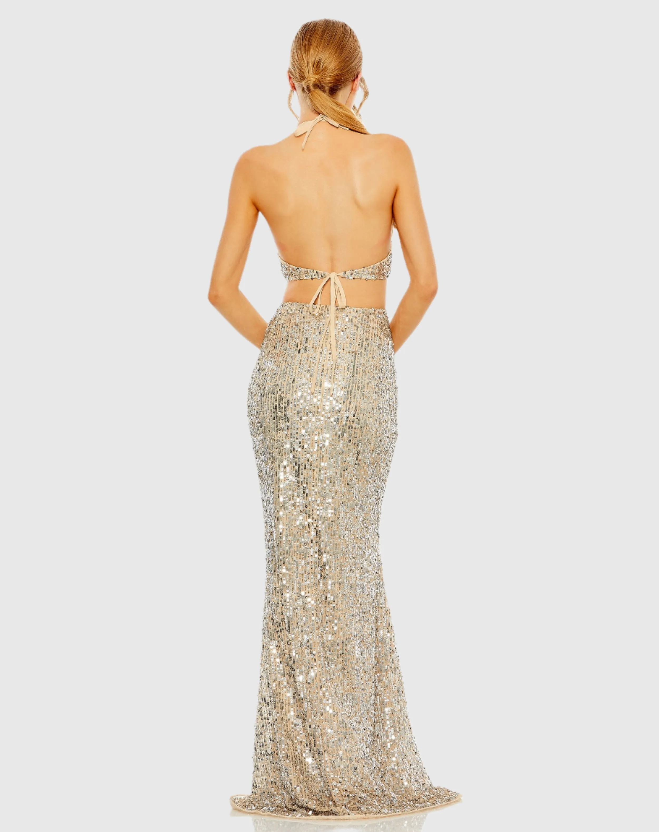 Cut Out Halter Tie Back Sequin Gown