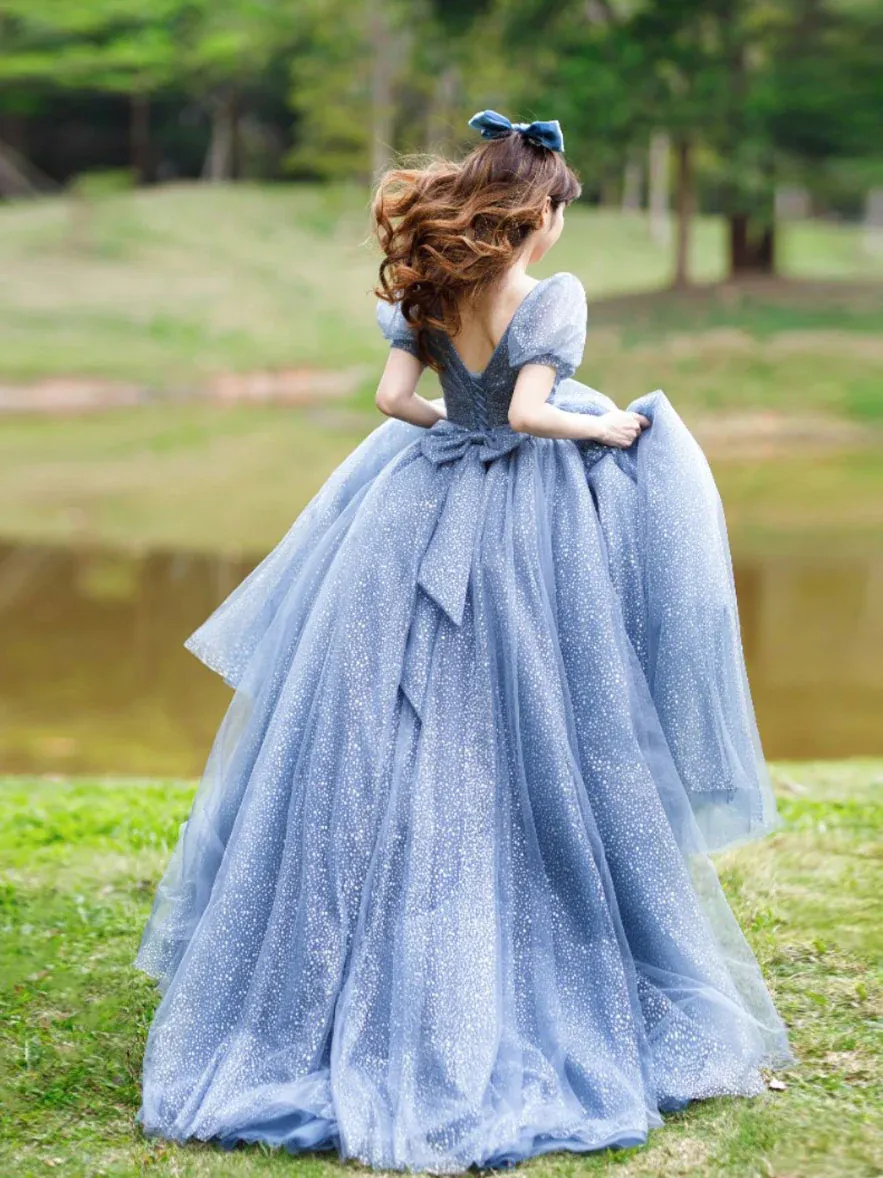 Charming Blue Tulle Long Prom Dress with V-Neck and Bow Knot Detail - Ideal for Sweet 16 Formal Event (Product Code: SH855)