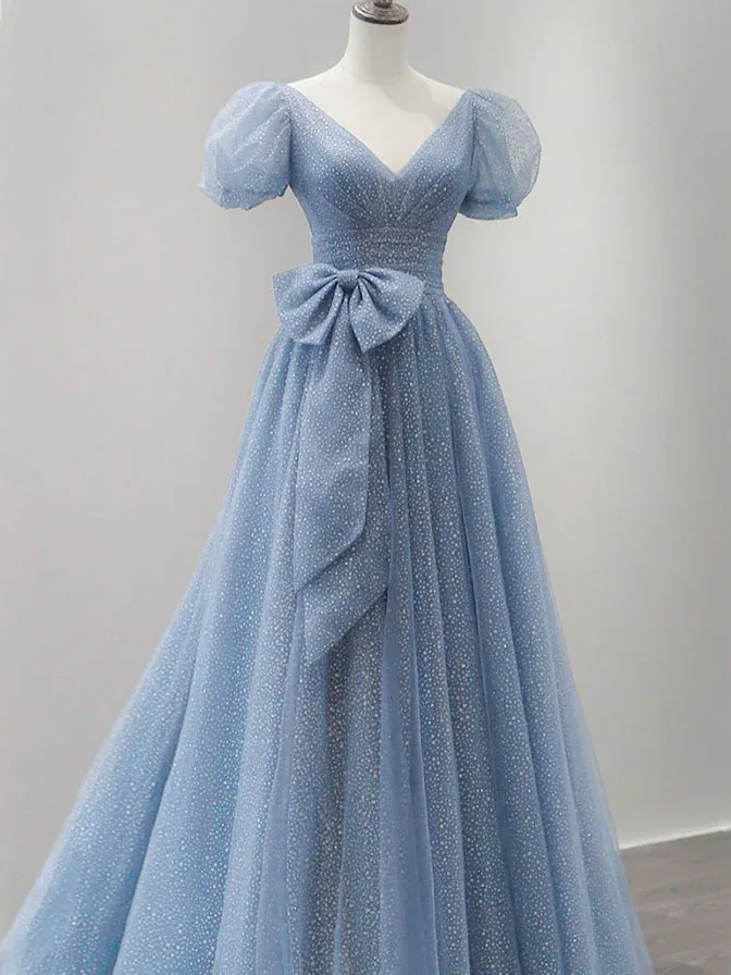 Charming Blue Tulle Long Prom Dress with V-Neck and Bow Knot Detail - Ideal for Sweet 16 Formal Event (Product Code: SH855)