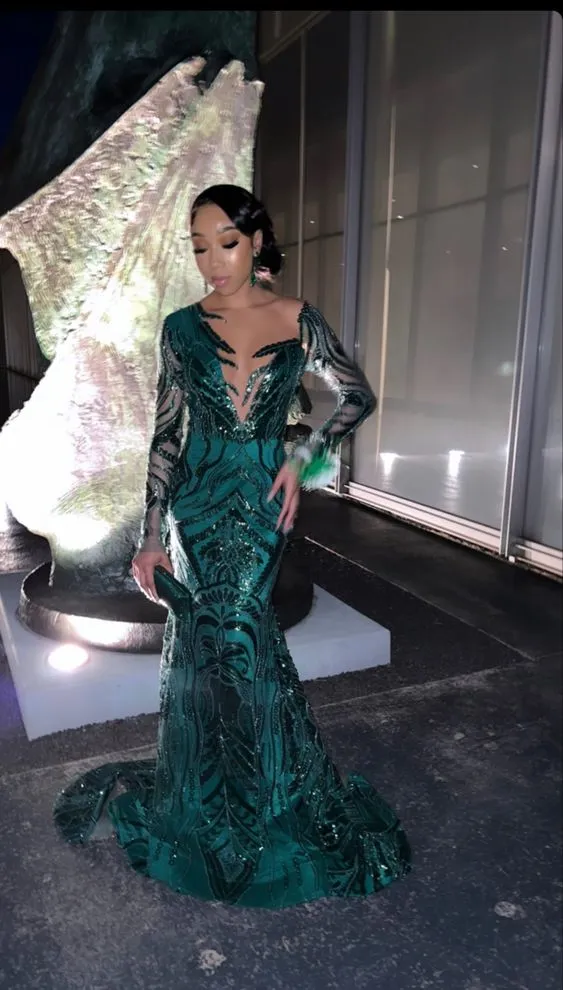 Dark Green Long Sleeves Mermaid Prom Dress SH828