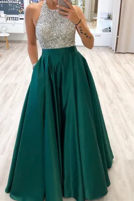 Dark Green Prom Dress Halter Neckline, Prom Dresses, Evening Dress, Dance Dress, Graduation School Party Gown, PC0393