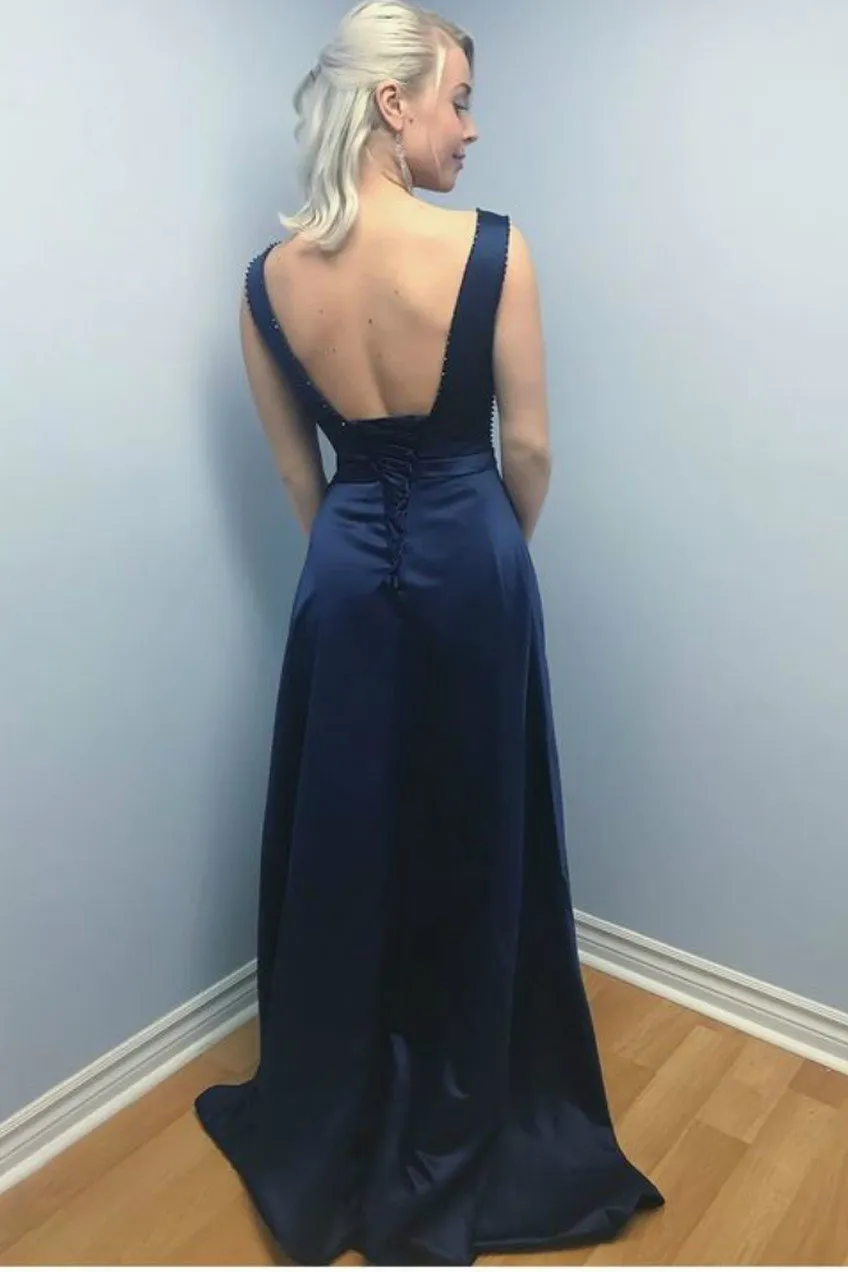 Dark Navy Satin Evening Dresses with Sheer Beaded Neckline