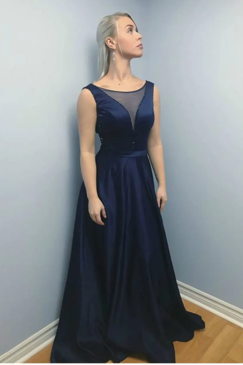 Dark Navy Satin Evening Dresses with Sheer Beaded Neckline