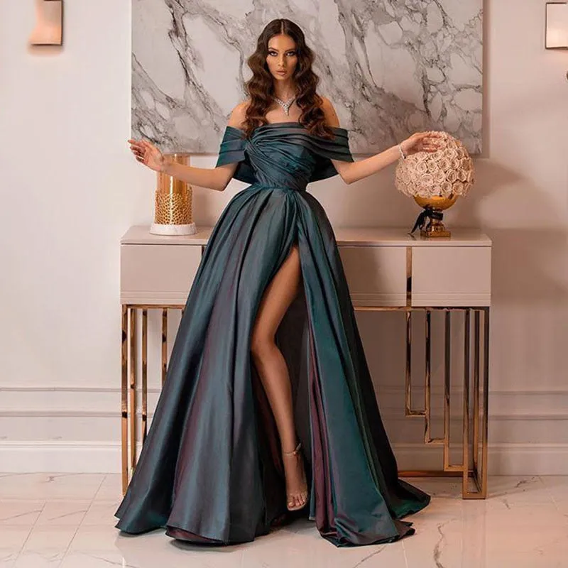 DEANWANGKT High Side Split Satin Prom Dresses Long Evening Gowns Off The Shoulder Formal Women Dress Evening Party Wear