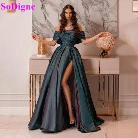 DEANWANGKT High Side Split Satin Prom Dresses Long Evening Gowns Off The Shoulder Formal Women Dress Evening Party Wear