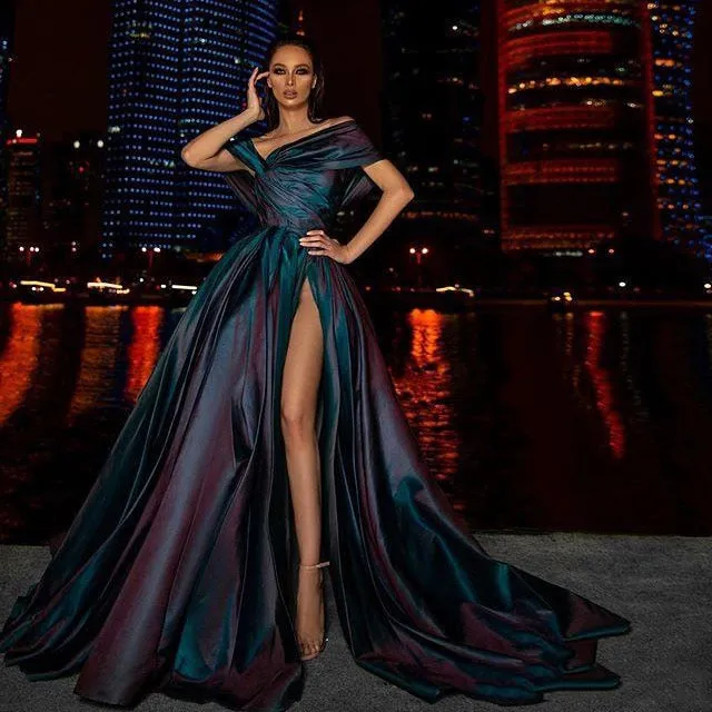 DEANWANGKT High Side Split Satin Prom Dresses Long Evening Gowns Off The Shoulder Formal Women Dress Evening Party Wear