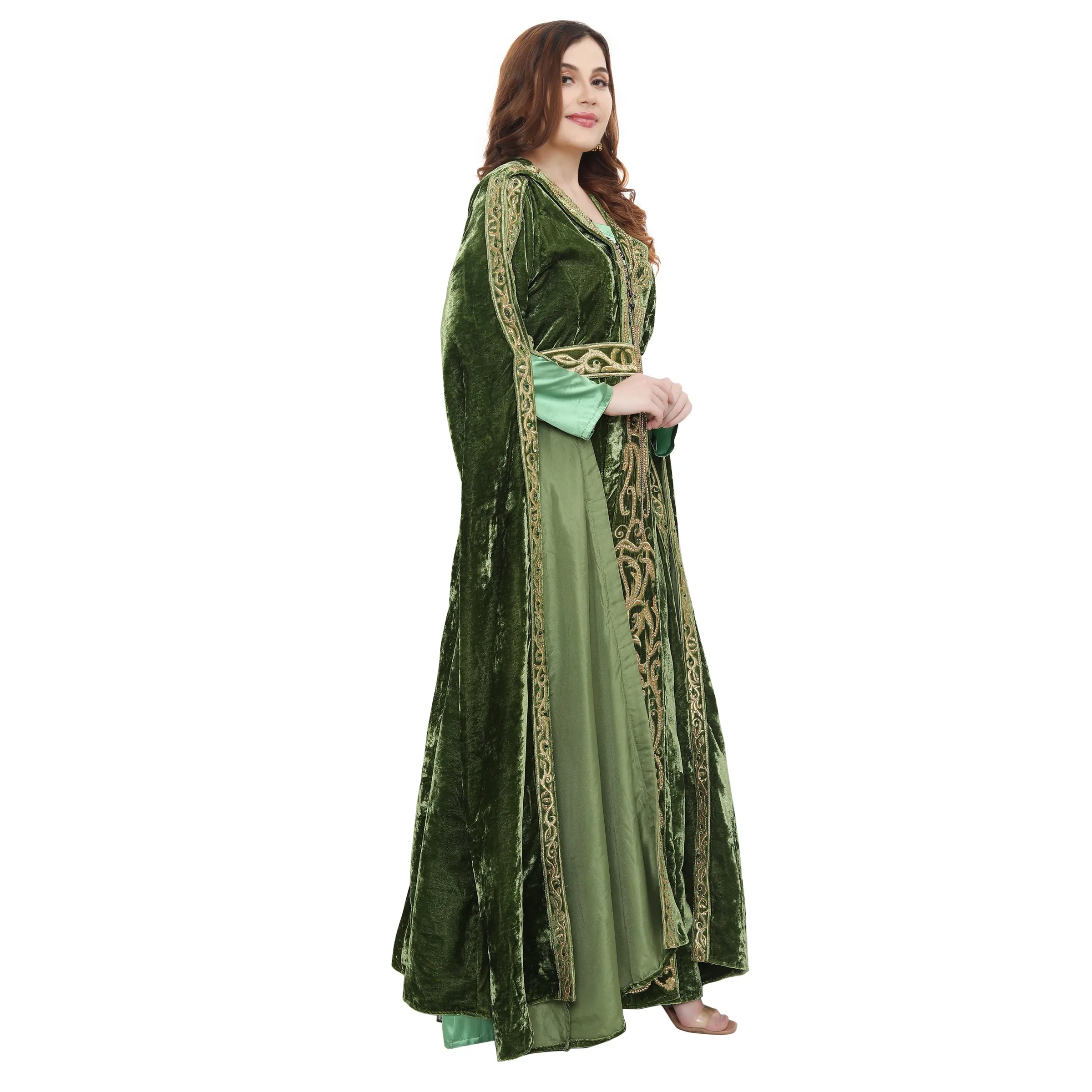 Designer Kaftan Bridal Gown in Henna Green Velvet