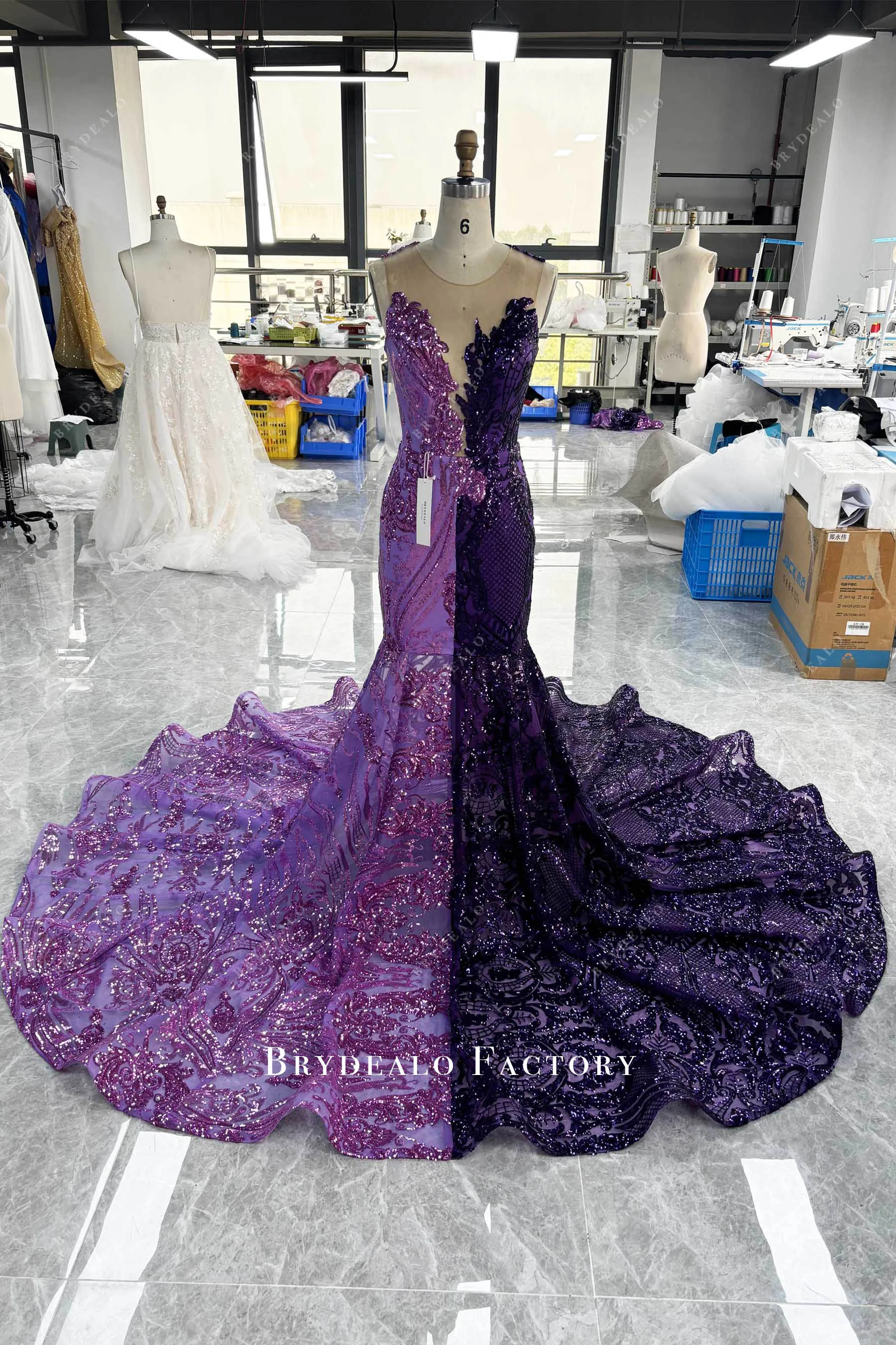 Dramatic Two-Tone Purple Sequin Prom Dress